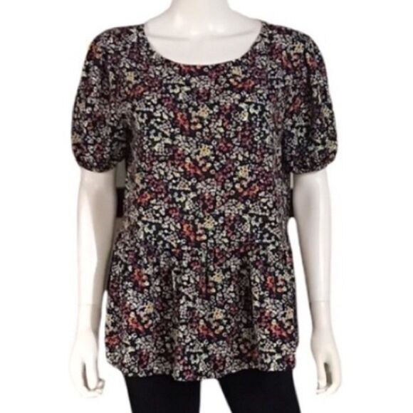 Anthro x W5 L Black Ditsy Floral Short Sleeve Peplum Wrinkle Resistant Top - Picture 3 of 9